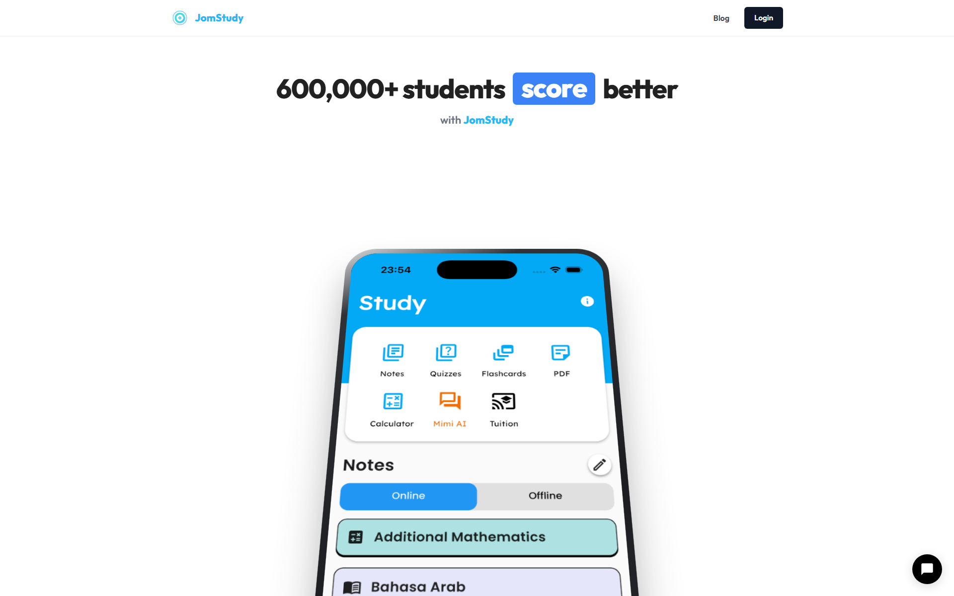 JomStudy's homepage (jomstudy.app): '600,000+ students score better with JomStudy' hero messaging, with a phone mockup showing the app's Notes, Quizzes, Flashcards, PDF, Calculator, Mimi AI and Tuition tabs.